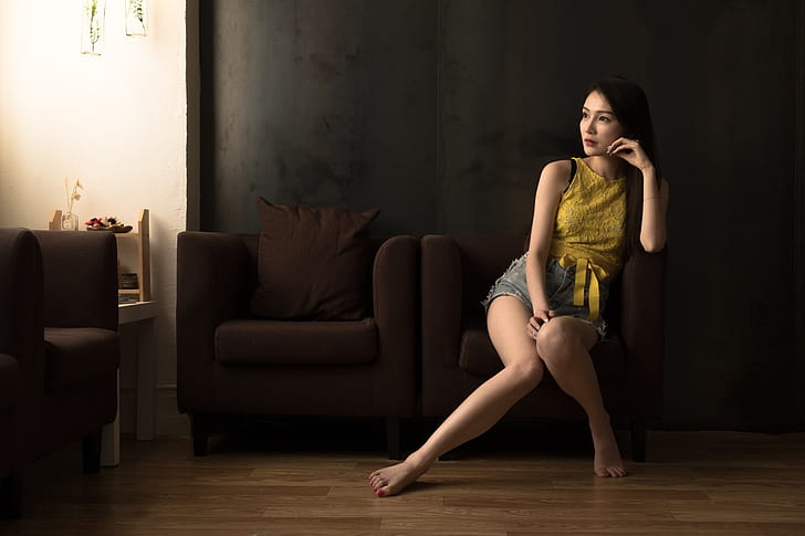 Asian, women, model, women indoors, legs together, barefoot, HD wallpaper