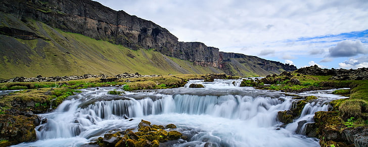 waterfalls near mountain under cloudy sky, landscape, cliff, scenics - nature, HD wallpaper