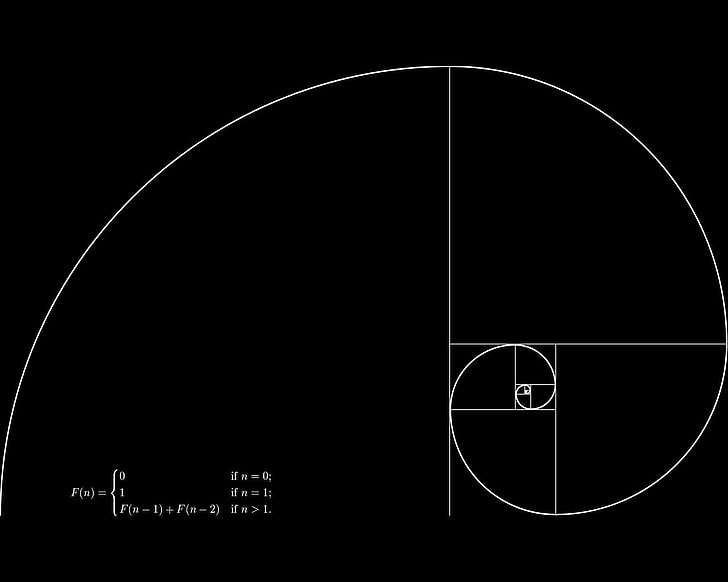 minimalism, black background, golden ratio, Fibonacci sequence