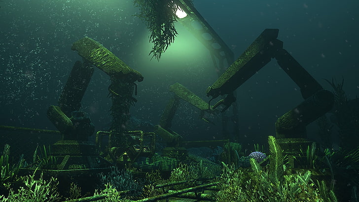 green and brown wooden house, SOMA, video games, underwater, futuristic