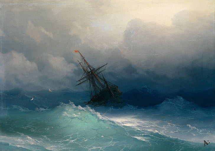 painting, ship, storm, HD wallpaper