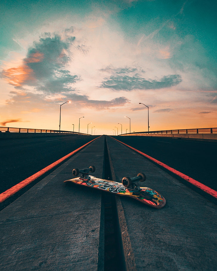 black and brown skateboard, road, marking, sky, outdoors, sport