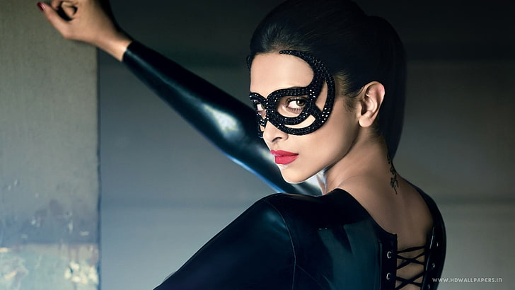 woman in black leather suit and masquerade, Deepika Padukone