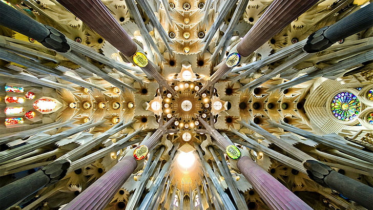 architecture cathedral sagrada familia barcelona spain arch rooftops worms eye view pillar mosaic window interiors symmetry, HD wallpaper