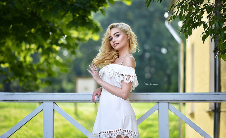 women, Maksim Romanov, blonde, portrait, white dress, smiling, HD wallpaper