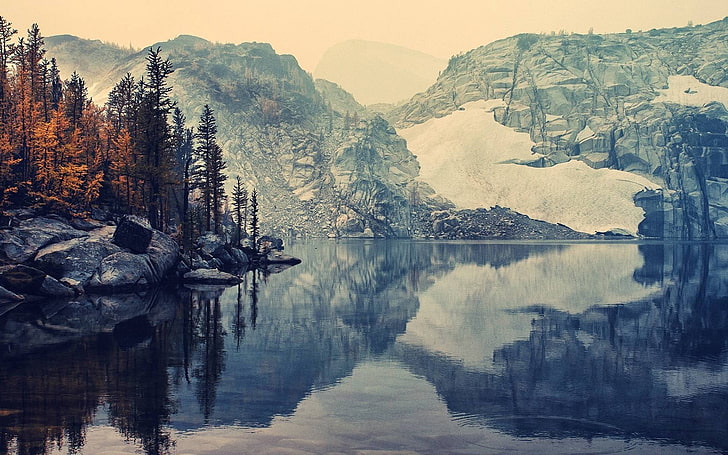 body of water and mountain wallpaper, lake, winter, snow, landscape