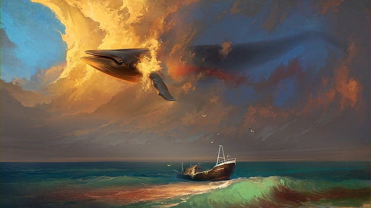 white and brown boat painting, sea, whale, flying, seagulls, fantasy art