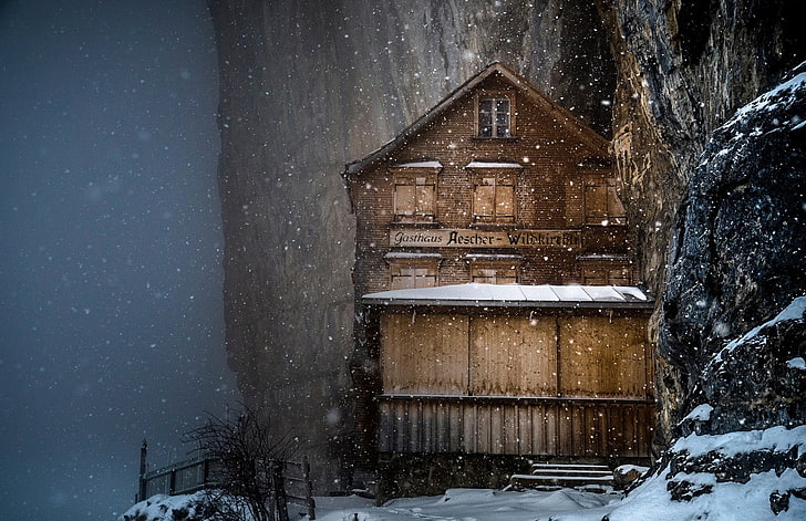 brown wooden 2-storey house, nature, landscape, winter, snow
