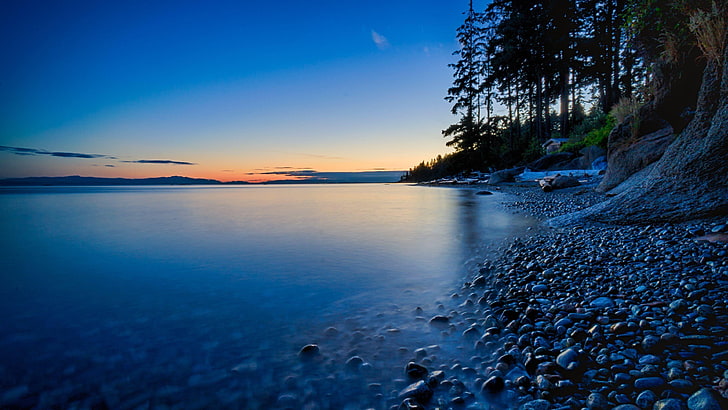 lakeside, evening, twilight, dusk, calm, mood, HD wallpaper