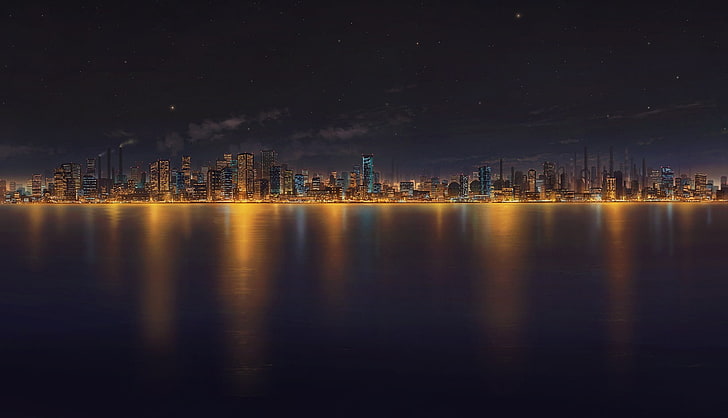 body of water, anime, city, Japan, road, sky, night, building exterior, HD wallpaper