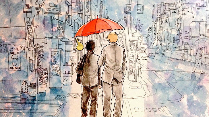 two person holding red umbrella artwork, painting, watercolor