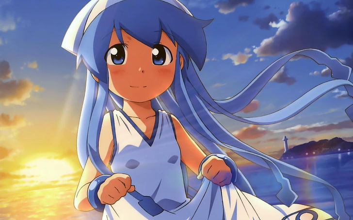Shinryaku! Ika Musume, anime girls, blue hair, blue eyes, sky, HD wallpaper