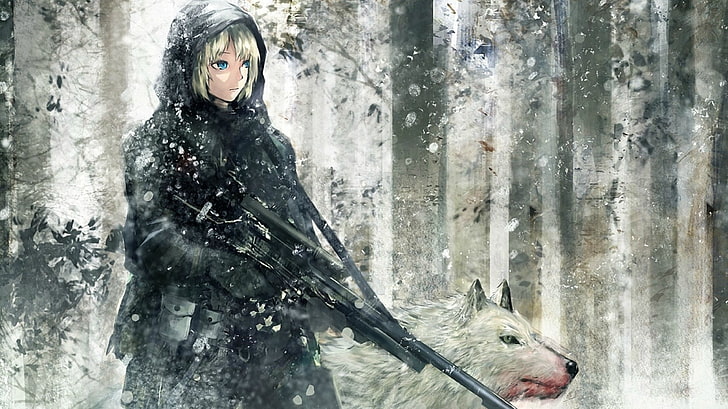 artwork, gun, wolf, anime girls, snow, machine gun, one person