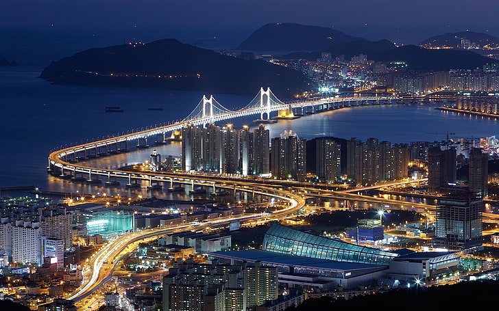 high-rise building at night wallpaper, south korea, busan, top view