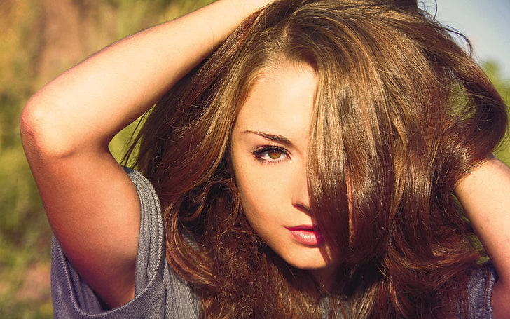 HD wallpaper: hair in face, brown eyes, women, women outdoors, model, arms  up | Wallpaper Flare