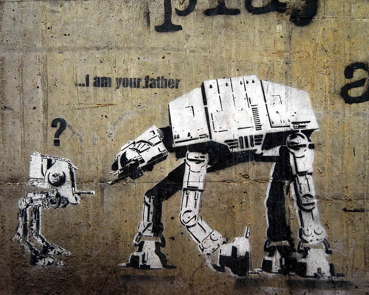 Star wars machine illustrations, graffiti, humor, wall - building feature