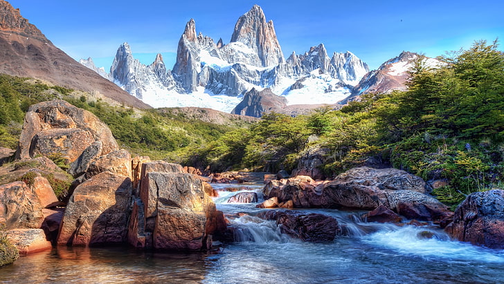 stream, argentina, south america, fitz roy, landscape, river, HD wallpaper