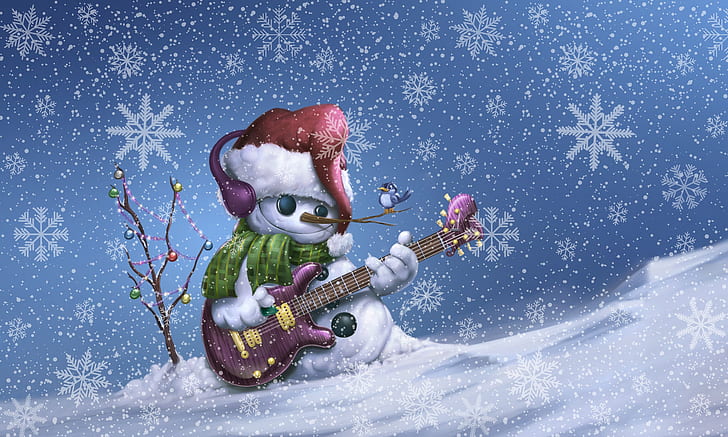 Winter, Guitar, Bird, Snow, Christmas, Snowflakes, Background