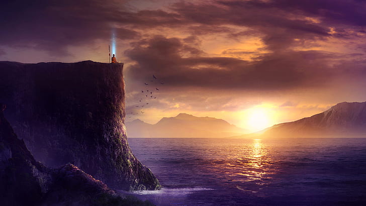 Meditate Sunset Cliff Ocean HD, fantasy, HD wallpaper