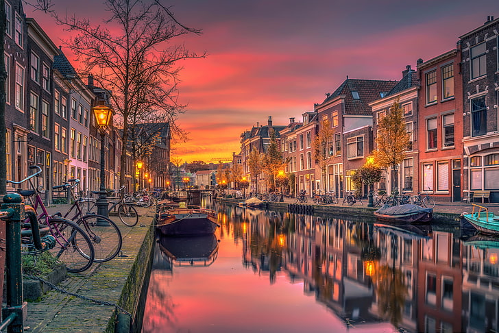 houses beside a river with boats painting, netherlands, holland, HD wallpaper