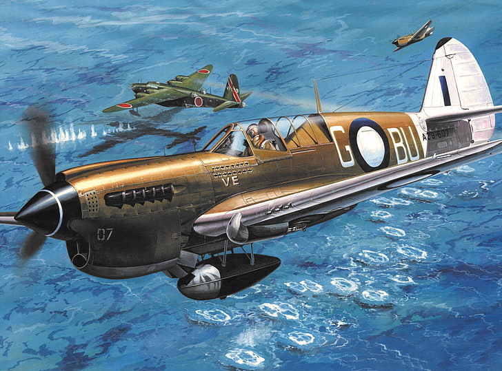 brown Gobu plane painting, war, art, airplane, aviation, ww2, HD wallpaper