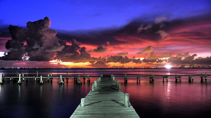 brown wooden boat dock, sunset, clouds, sky, water, cloud - sky