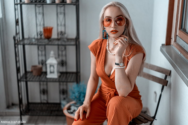 women's orange sunglasses with silver frames, Andreas-Joachim Lins, HD wallpaper