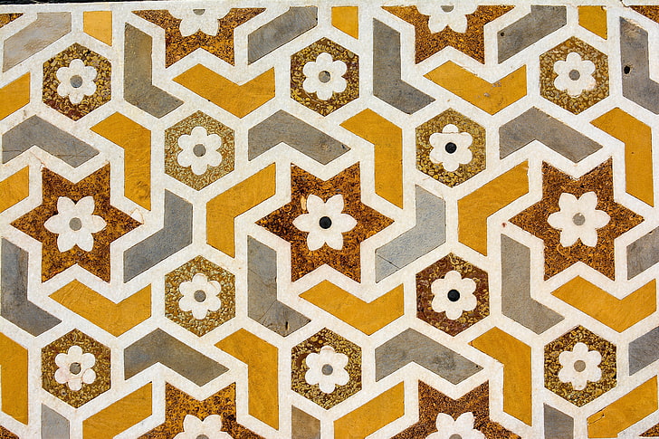 white and orange floral textile, texture, flowers, patterns, geometric Shape, HD wallpaper