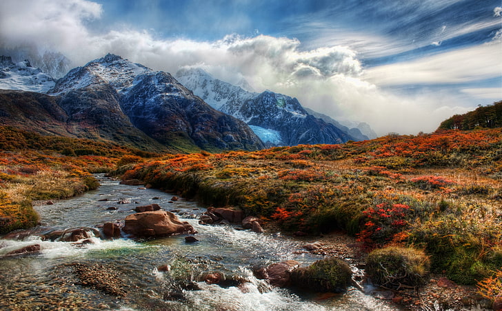 Mountain Stream, landscape photography of mountains and river, HD wallpaper