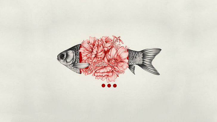 simple background, fish, flowers, digital, art, minimalism, grey fish with pink flower illustration, HD wallpaper