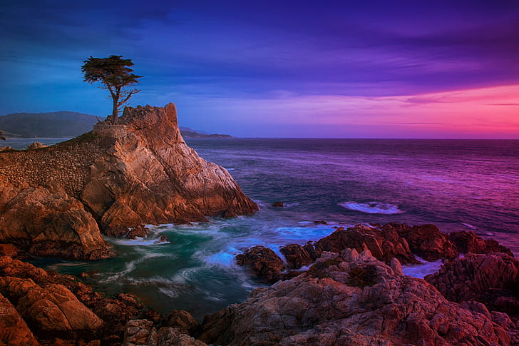 rocky beach landscape during sunset, lone cypress, lone cypress