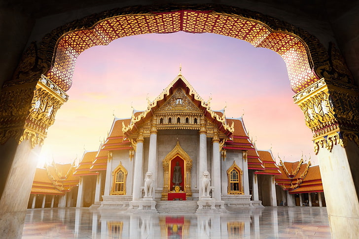 gold, lion, sky, pillar, Asian architecture, gates, reflection