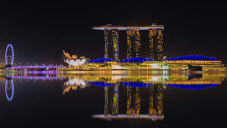metropolis, city lights, bay, asia, singapore, sky, marina bay sands