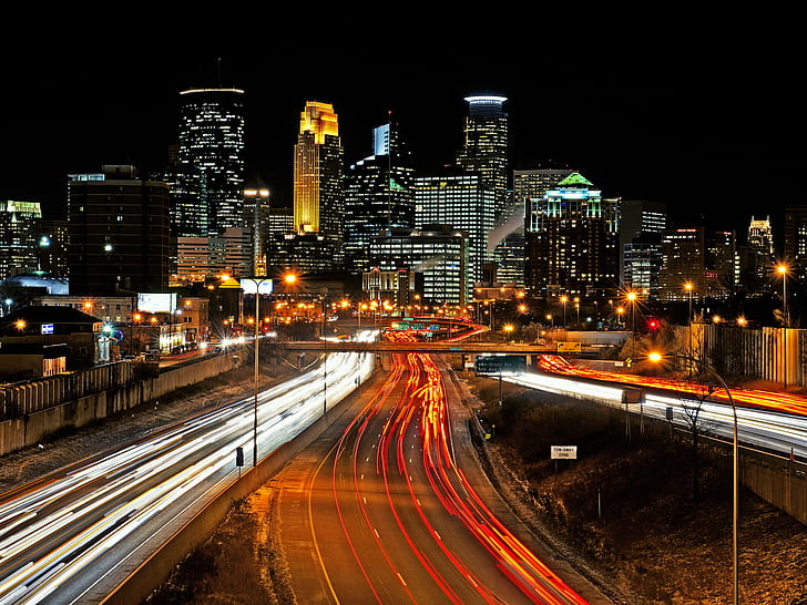 time lapse photo of city during nighttime, Minneapolis, MN, Skyline, HD wallpaper