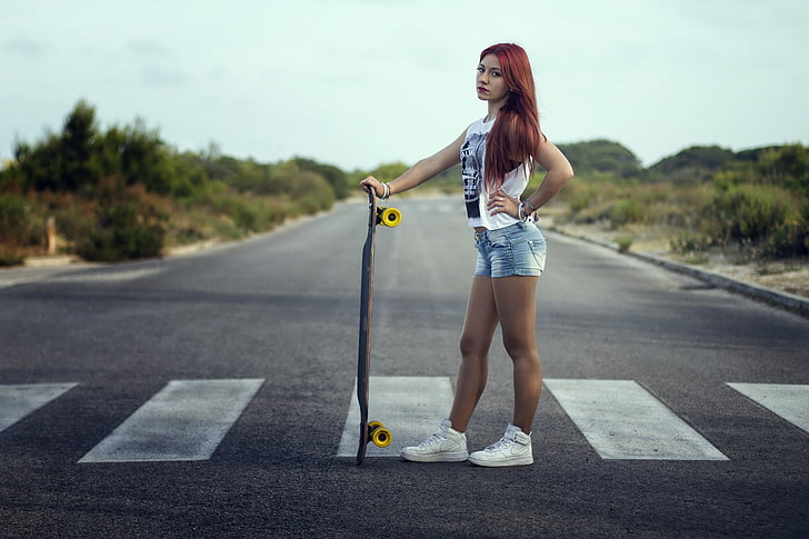 women, redhead, road, skateboard, jean shorts, one person, young adult, HD wallpaper