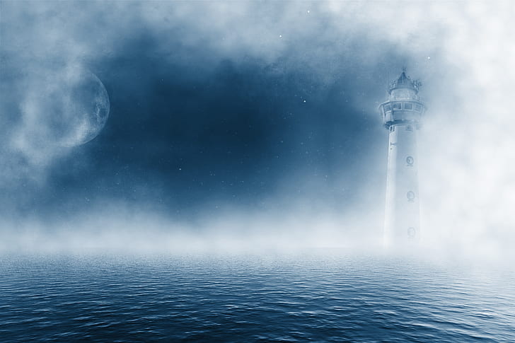 lighthouse, Moon, sea, mist, blue