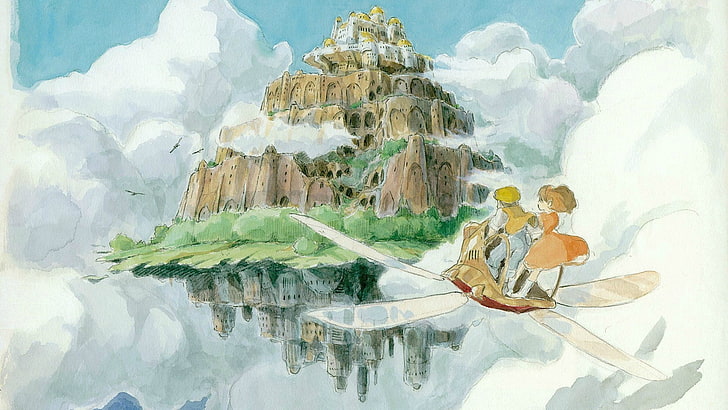 boy and girl riding plane illustration, Studio Ghibli, Castle in the Sky
