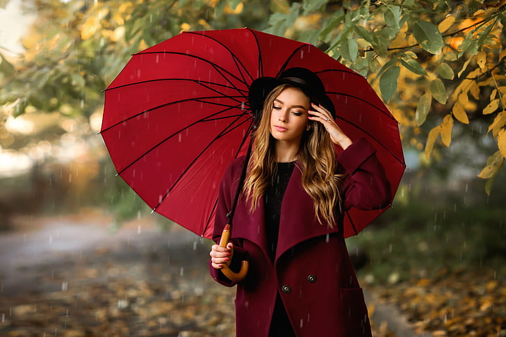 Olga Boyko, red, fall, umbrella, women outdoors, leaves, red coat, HD wallpaper