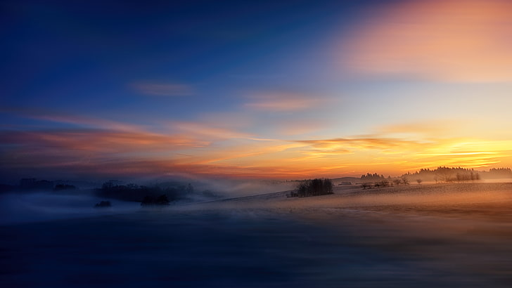 landscape, nature, sunrise, mist, field, winter, sky, sunset, HD wallpaper
