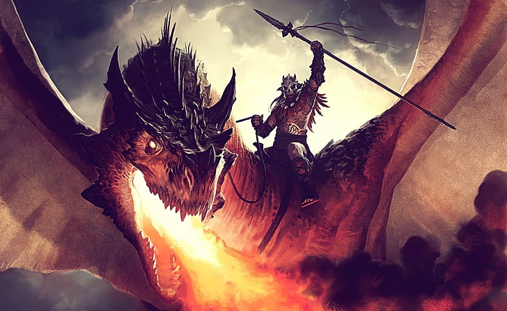 Fire-Breathing Dragon, dragon with dragonrider digital wallpaper
