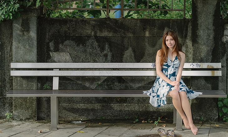 Asian, bench, legs, barefoot, sitting, women outdoors, one person