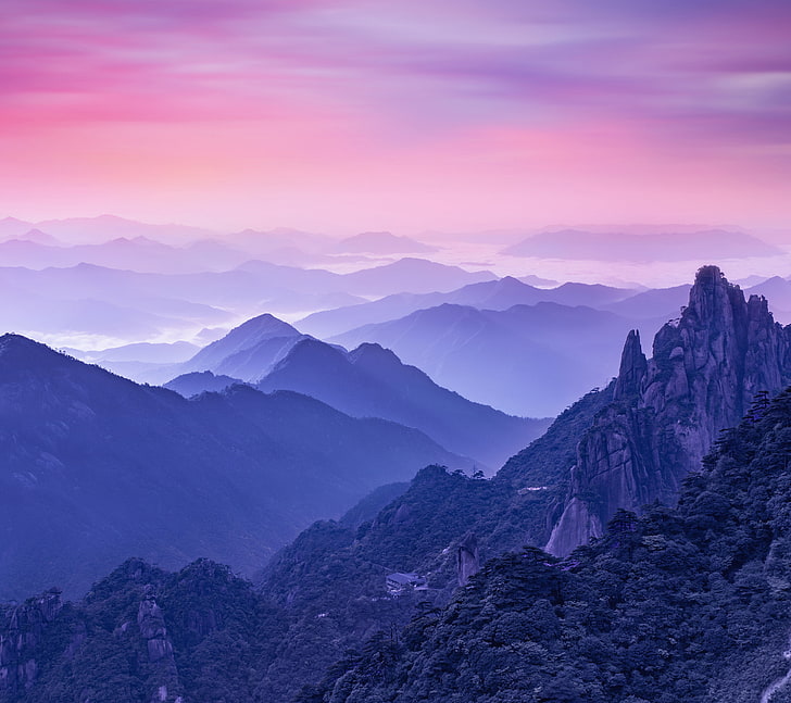 Foggy, Huawei Mate 10, Morning, Mountains, Stock HD wallpaper