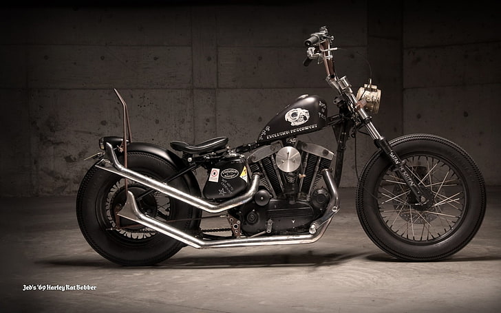 black Bobber motorcycle, Harley Davidson, Rat Bobber, transportation, HD wallpaper