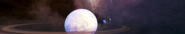 round white planet, nebula, Space Engine, triple screen, CGI, HD wallpaper