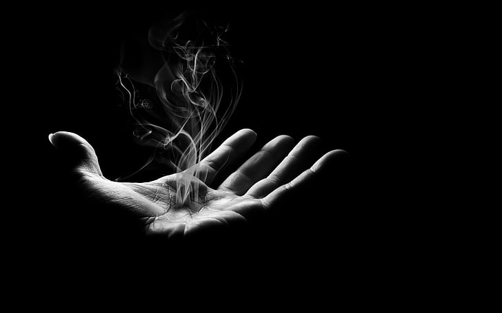 monochrome, hands, smoke, human hand, human body part, black background
