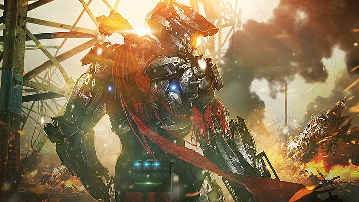 black and red robot illustration, artwork, cyborg, soldier, war