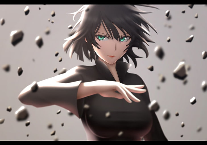 black haired female anime character, One-Punch Man, Fubuki, green eyes