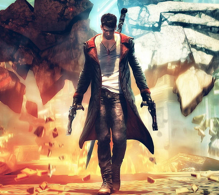 Devil May Cry game poster, video games, Dante, pistol, front view