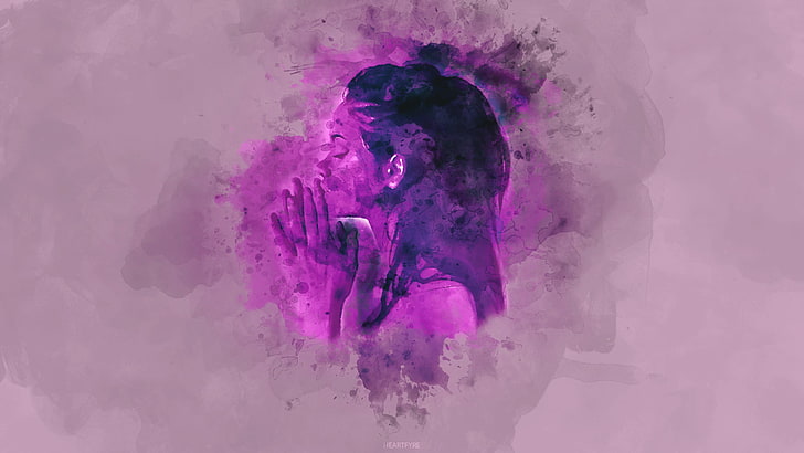 watercolor, portrait, pink background, purple, abstract, indoors
