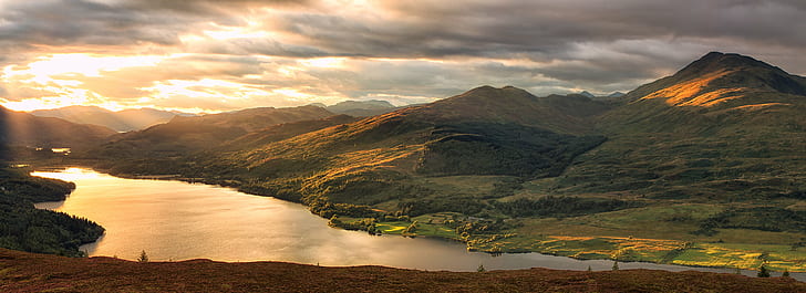lake and green mountain, Trossachs, Scotland, loch venachar, Ben Ledi, HD wallpaper